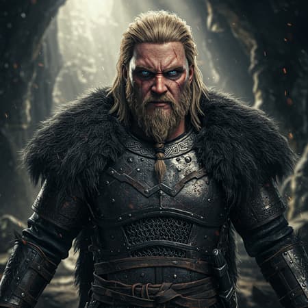 Viking male warrior with fierce blue eyes and long blonde hair cascading over his shoulders, complemented by a rugged beard and rough pale skin. His symmetrical features exude a hauntingly handsome appearance, blending bulk and narrow traits effortlessly with an underlying angelic allure. Clad in battle-worn armor, he dons grey chainmail and meticulously crafted lamellar armor, enhanced by a luxurious black animal fur coat. The scene is set in a dark, dramatic cave with shafts of sunlight piercing through, casting god rays that illuminate the environment in a soft, otherworldly glow. The dynamic pose captures his readiness for battle, showcasing elegant warrior traits amidst the gritty realism of fantasy and D&D aesthetics. The focal depth and blur add cinematic intensity, while the hyperdetailed photorealism and 8k ultra-detailed vray render project a scene of unparalleled vividness, maintaining the essence of the formidable Norse warrior.