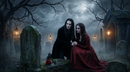 Photorealistic image of a vampire couple in a gothic graveyard at night. A pale man with long dark hair, red eyes, and a black velvet coat kneels beside a woman in a flowing dark red gown, both looking somber. A single red rose lies on a moss-covered tombstone in the foreground. The full moon shines through twisted, bare tree branches against a cloudy, misty sky. Lanterns with warm glows illuminate the foggy graveyard, creating a melancholic and romantic atmosphere. Dark, cool tones dominate, with rich reds and subtle greens providing contrast.