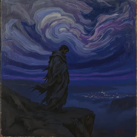 A haunting oil painting capturing a mysterious, timeless scene, inspired by Odd Nerdrum's enigmatic style. The piece features a solitary figure draped in tattered, earth-toned garments, standing on a windswept cliff at twilight. The sky above is a swirling tapestry of deep blues and muted purples, while a distant, dimly lit village can be seen in the background, shrouded in mist. The figure's expression is both introspective and enigmatic, hinting at a story of solitude and contemplation. The textures are rich and the brushwork masterful, evoking a sense of otherworldly elegance and intriguing ambiguity.