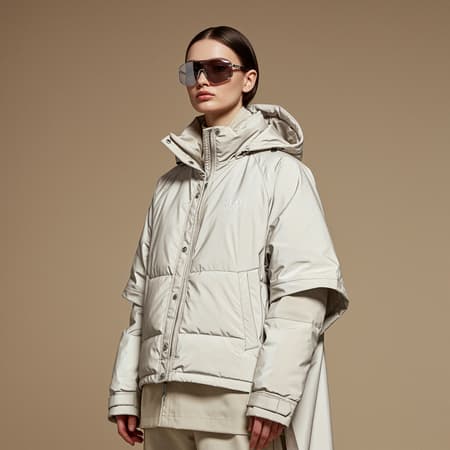 The image depicts a woman posing against a muted beige background, embodying a Tumblr-inspired aesthetic. Her ensemble features a sleek, reflective off-white puffer jacket layered with a matching poncho, hinting at a playful nod to current internet memes or trends. This fashion-forward outfit is making waves on the influential design and architecture platform, Dezeen, as part of their preview for 2024's fashion highlights. The look is accessorized with a chic raincoat, a cutting-edge pair of 8.0 LV sunglasses, and a uniquely crafted piece by designers Mike and Wojtek Fus. Altogether, this outfit captures the essence of avant-garde style for the upcoming year, sure to attract attention and set new trends.