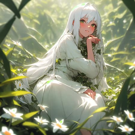 (masterpiece, best quality),1girl with long white hair sitting in a field of green plants and flowers, her hand under her chin, warm lighting, white dress, blurry foreground