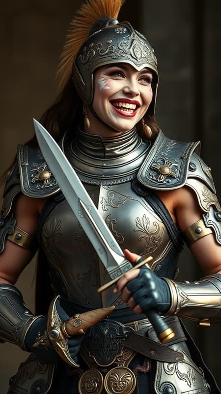 A fierce female warrior adorned in detailed European armor featuring intricate gold and silver designs. Her muscular arms are boldly uncovered, showcasing strength as she wields a finely crafted knife. Her face is adorned with elaborate mime face paint in delicate pink and white hues, adding a whimsical contrast to her formidable appearance. Despite her warrior stance, she is joyfully smiling and laughing, exuding confidence and exuberance. The scene captures her in a tall, commanding pose, blending the elegance of her armor with the playful artistry of her face paint.