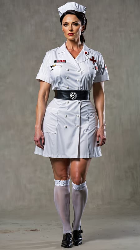 Dystopian future, Sci-Fi. Supervillain, nurse, bodyguard, Neo-Nazi? No one knows her actual age,  she seems to recall World War II like she was actually there, though that was the early part of the 20th century. She is a nurse from back in those times, though she's a member of the Neo-Nazi party of the future. There are robots and super-soldiers where she is now. 
She is a tall, full figured but muscular and fit woman, practically a giant at 6 ft 7. Caucasian woman of German descent. She is a matronly middle aged woman in her mid to late 60's (or so she appears to be). Her eyes are pale grey and very alert. Her hair is black with a few gray streaks in them; she keeps it pulled back and in a bun so she can wear her nurse hat. She wears no make-up, which makes her look very plain and frumpy, though she may have been beautiful once. She wears a white nurses uniform with a white lab coat on top. White stockings with white nurses shoes. There are indications she might have been a soldier once; she has all the discipline and demeanor of someone that was in the military. She is also a great warrior, able to fight in any style and use any weapon. Her weapon of choice is a hypodermic needle filled with her choice of poison, acid or tranquilizer. She has been called the "nurse of death" , at least to those that weren't on her side. She is a very subtle Nazi, though she does occasionally wear a tiny gold swastika pin on her uniform. She is stoic and stiff, no time for nonsense or frivolity. Full body pose, probably holding her hypodermic needle... 