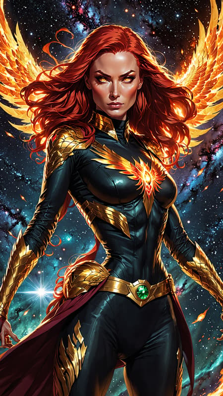 Phoenix/Jean Grey in her Phoenix costume, but it's black with metallic gold, a fiery falcon symbol on the front of her costume,  the sash around her waist blowing in the cosmic winds. She is surrounded by her fiery Phoenix raptor/falcon aura. Her eyes are lit up like stars. Her hair is beautiful red flames. Full body pose. She is in space, on the edge of a galaxy. 
