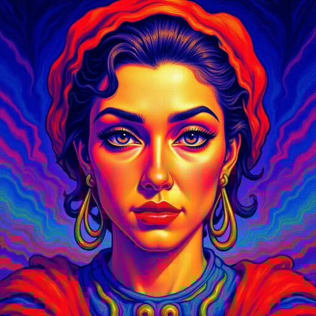 A vibrant psychedelic portrait with a rich color palette in a highly detailed romanticism style, reminiscent of cinematic art. It draws inspiration from artists like Moebius and Greg Rutkowski. The artwork features elements of distortion, such as text errors and cropped sections, exhibiting low-resolution qualities like JPEG artifacts. The composition might include unusual proportions, extra or missing limbs, and mutated features such as poorly drawn hands and faces. Expect exaggerated anatomy with fused fingers, extended necks, and blurred edges, all contributing to a surreal, dream-like appearance.