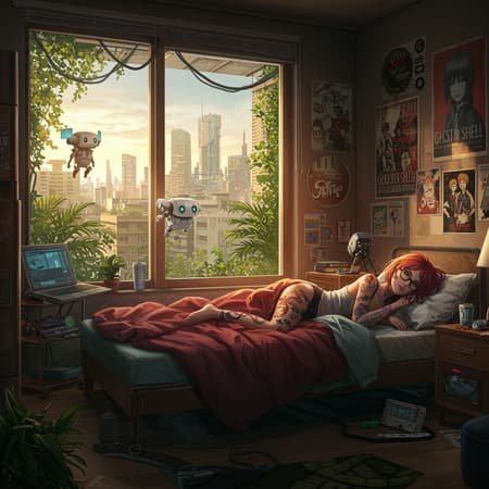 Generated City Inspired City of the future, inspired by Ghost in the Shell, Room 2077. A young woman with vibrant red hair and intricate tattoos lies on a bed, wearing sleek glasses. A small robot assistant hovers nearby, surrounded by an array of mechanical gadgets. Through the room's window, lush green plants thrive, framed by towering skyscrapers as the sun begins to rise, illuminating the urban landscape. The walls are adorned with atmospheric and aesthetic posters, each telling its own story. The setting is ultra-detailed, capturing the essence of anime with added layers of complexity and depth.