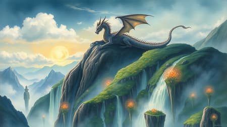 A grand Dragon resting atop a rugged mountain peak, gazing over an enchanted valley adorned with ethereal floating islands and cascading waterfalls, bathed in the gentle light of glowing flora, emitting an aura of timeless magic and intrigue, Painting, watercolors on rough paper, capturing a sense of otherworldly beauty and ancient secrets.