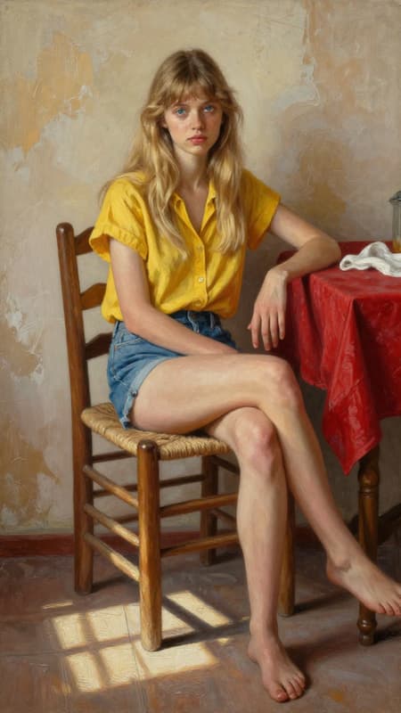 Blonde Woman In Yellow Shirt, Melancholy Portrait Full body portrait of a young woman with long blonde hair and bangs, wearing a yellow short-sleeved button-up shirt and denim shorts, sitting on a wooden chair with woven seat, one leg crossed over the other, gazing directly at the viewer with striking blue eyes. The art style is traditional oil painting, highly detailed and realistic, with visible brushstrokes. Bright, natural daylight creates strong contrasts and shadows, enhancing the rustic, somewhat melancholic mood. Dominant colors include warm yellows, reds, and earthy tones of the background and wooden furniture. A weathered plaster wall with peeling paint forms the background, with an old wooden table to the right covered by a draped red cloth and some white fabric. Sunlight casts distinct geometric shadows on the floor.