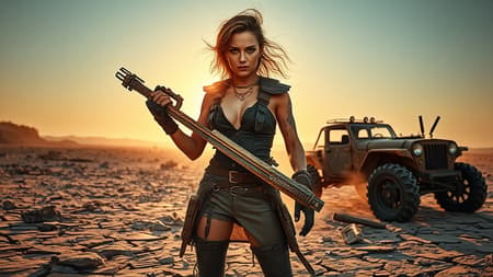 In a desolate wasteland, a formidable Mad Max-inspired woman stands amidst the ruins, her fierce gaze unwavering. Her rugged attire, a blend of leather and metal scraps, reflects the harsh environment she inhabits. The sun sets behind her, casting long shadows across the cracked earth. Dust and wind whip through her hair as she grips a makeshift weapon crafted from salvaged machinery. A rusted, armored vehicle looms in the background, hinting at the brutal battles she's endured. The air is thick with tension, as the echoes of a lost civilization linger. This post-apocalyptic scene captures the raw determination and resilience of a survivor in a world where only the strongest prevail.