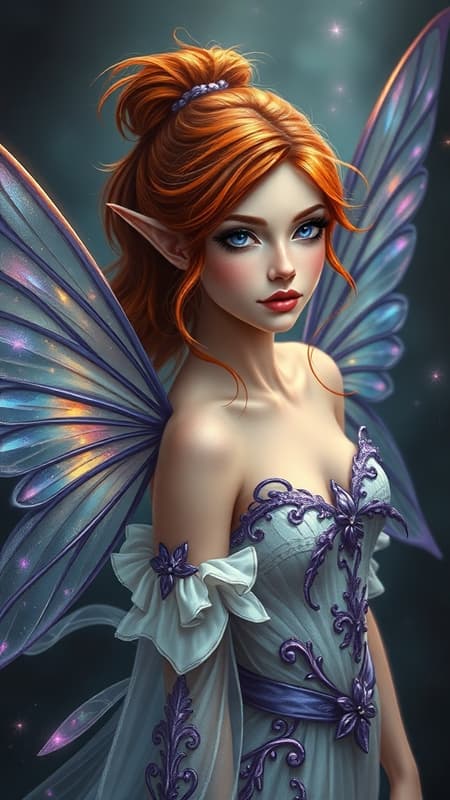Oil painting of a female fairy with fiery auburn hair and enchanting violet eyes, featuring delicate elf ears. Her hair is elegantly styled in a flowing ponytail. She possesses translucent, iridescent wings shimmering with a spectrum of colors. Clad in an ethereal white gown adorned with intricate purple accents, the design showcases ornate and high-detail craftsmanship. The scene captures a panned-out view with a moody, dramatic ambiance, highlighted by captivating glow effects. The setting exudes 16k UHD quality, enhanced by HDR for vivid contrasts, enveloped in an atmosphere that blends ethereal beauty with fantastical elements, evoking a sense of an Unrealistic Dreamscape.