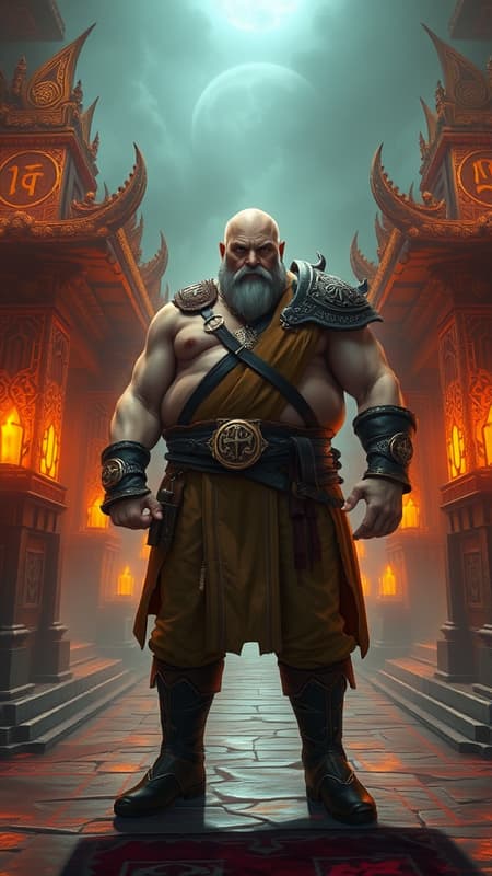 Photography of Kharazim from Diablo, standing realistically in a full-length, focused expression with key light illuminating his facial features and monk attire, in a combat-ready stance. He is in a mystical and spiritual environment with ancient temples, sacred artifacts, and glowing runes surrounding him. The atmosphere is enhanced with an anime and video game aesthetic, integrating CGI elements, reminiscent of a vibrant painting. The medium-wide shot captures the essence of his fat silhouette, maintaining the core concept while adding a unique creative touch. Photography of Kharazim from Diablo, standing realistically in a full-length, focused expression with key light illuminating his facial features and monk attire, in a combat-ready stance. He is in a mystical and spiritual environment with ancient temples, sacred artifacts, and glowing runes surrounding him. The atmosphere is enhanced with an anime and video game aesthetic, integrating CGI elements, reminiscent of a vibrant painting. The medium-wide shot captures the essence of his fat silhouette, maintaining the core concept while adding a unique creative touch.