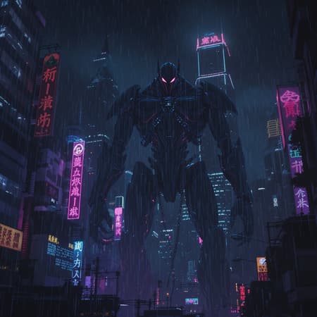A towering, ominous robot looms against the neon-lit skyline of a sprawling futuristic metropolis, its presence radiating a malevolent aura. The scene exudes a sense of danger with a dark and gritty atmosphere. Captured with a mirrorless camera using an ultra-wide lens, the shot is taken at nighttime, enhancing its cyberpunk aesthetic. The image is shot in manual mode with settings of shutter speed 1/60, aperture f/2.8, and ISO 3200. In post-processing, color grading adds a surreal vibrancy, a vignette intensifies the foreboding mood, and subtle light leaks contribute to an otherworldly feel. The aspect ratio is 2.35:1, and the realism level intentionally kept low, providing a stylized representation of a dystopian world.