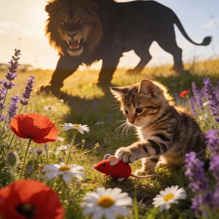 Photorealistic image of a playful tabby kitten, low angle, in a sun-drenched wildflower meadow with red poppies, white daisies, and purple lavender. The kitten is reaching for a red toy mouse. A large, dramatic shadow of a roaring lion is cast behind the kitten on the grass, creating a powerful contrast between innocence and potential. Golden hour lighting, backlighting on the kitten's fur, creating a warm, magical, and slightly dreamlike mood. Shallow depth of field, sharp focus on the kitten and toy, blurry background. Vivid natural colors with golden hues.