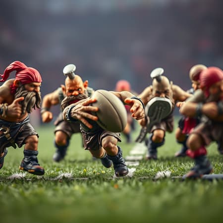 Dynamic realistic photograph on a fantasy football field featuring orks and dwarves with highly detailed skin texture. Full body shot showcasing intense action with a rugby ball, yet blending the atmosphere of a tabletop game. The characters possess unique and intricate details, but slightly imperfect proportions giving a sense of a living miniature world, evoking a sense of a vivid yet dreamlike monochrome with soft pastel tones. The scene is captured with an artistic blur at the edges, adding motion, while the figures are adorned with quirky elements like fused fingers and jelly bag caps that add character and whimsy to the vibrant tableau. Dynamic realistic photograph on a fantasy football field featuring orks and dwarves with highly detailed skin texture. Full body shot showcasing intense action with a rugby ball, yet blending the atmosphere of a tabletop game. The characters possess unique and intricate details, but slightly imperfect proportions giving a sense of a living miniature world, evoking a sense of a vivid yet dreamlike monochrome with soft pastel tones. The scene is captured with an artistic blur at the edges, adding motion, while the figures are adorned with quirky elements like fused fingers and jelly bag caps that add character and whimsy to the vibrant tableau.
