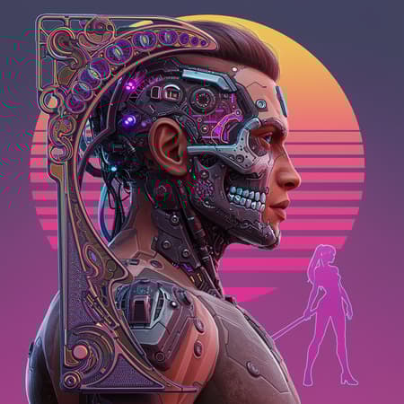 A side profile of a male figure with a cyberpunk body, featuring a cyborg skull adorned with vibrant, intricate details reminiscent of Art Nouveau. The design includes an elaborate and detailed frame encasing the figure, highlighting a harmonious blend of technology and organic forms. In this concept art, a synthwave style female figure complements the scene, her vibrant silhouette echoing the futuristic aesthetic. The artwork captures high-definition detail, showcasing rich embellishments and complex patterns, merging digital art with a vibrant, sci-fi inspired palette.
