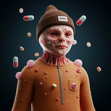 A hyperdetailed digital art of a person wearing a beanie, capturing the essence of Kubisi art style, reminiscent of a Behance contest winner, blending neo-dada influences with a 3D character concept. The character's surface is intriguingly textured with barnacles, their body resembling bubblegum substance. They evoke a whimsical fusion akin to a Walter White Fortnite skin, with an elated, gaunt onion-shaped head. This piece presents a portrait of a machine-inspired human, merging high-quality portraiture with charming artwork elements. The background is infused with subtle visual hints of pills, adding a layer of depth. Rendered in a full-body shot, the details are meticulously crafted, offering a unique blend of creativity and realism.