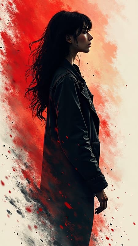 masterpiece, best quality, illustration, flat, A digital illustration shoot from a woman, 30yo, 
. Dynamic composition with motion-driven brush effects and abstract negative space, giving it a gritty, modern concept-art, premium comic cover aesthetic.