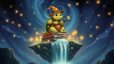 A wise old tortoise wearing a wizard's hat and robe, sitting atop a floating island of books, surrounded by glowing fireflies and swirling galaxies, with a gentle waterfall cascading into the starry abyss below, in the style of Studio Ghibli, rich color palette, whimsical detail, serene and magical atmosphere.