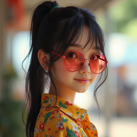A hyperrealistic portrait of a young Southeast Asian girl with striking, medium-length black hair styled in a neat ponytail, her face turned towards the viewer exuding friendliness. Her beautifully detailed face, inspired by the intricate styles of Greg Rutkowski and Magali Villeneuve, is accentuated by mesmerizing eyes and colorful, stylish sunglasses. She wears a vibrant flowery shirt that complements her toned physique and perfectly balanced proportions. The scene is set with cinematic lighting against a brightly lit background, capturing a masterpiece of intricate details and photographic realism.
