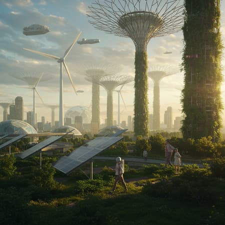 Award-winning depiction of a solarpunk cityscape with majestic vertical gardens, golden sunlight filtering through efficient solar panels, and an ecologically sustainable design featuring intricate wind turbines. The city background exudes visionary futurism inspired by Hayao Miyazaki, captured using a Nikon D850 with a film stock photograph and f1.6 lens. The scene boasts rich colors, hyper-realistic lifelike textures, and dramatic lighting reminiscent of Cinestill 800 with vibrant contrast. This vivid yet surreal composition is complemented by subtle imperfections like low resolution, occasional text error, or slight cropping, adding an artistic charm to the piece. Despite minor artifacts and distorted anatomy, the essence of a harmonious future remains palpable.