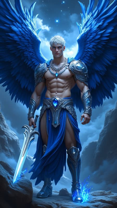  Angel, celestial, Angel of the Blue Star (Rigel). Hypermasculine male. Tall, muscular, strong, wide shoulders, broad chest, narrow waist, powerful legs, Olympian body. Fair, pale skin. Handsome, manly face.  Strong brow, chiseled jaw. Electric blue eyes, soulful and deep. Short wavy fade hairstyle {{{short hair}}} with slightly longer hair towards the front of his head {{white hair}} . A Cerulean blue silk band tied around his forehead and brow. Shiny silver pauldrons accented with sapphires on both shoulders, A silver chain with a sapphire pendant around his neck. He wears a metallic blue harness on his chest, and metallic blue bracers strapped to his arms. An ornate silver belt with sapphires around his waist. He wears a sapphire blue loincloth with silver edges/piping , the loincloth covering an impressive bulge and exposing his strong, muscular legs. Knee high metallic, blue boots of the same color. His enormous, feathery Angel wings are predominantly cobalt blue, gradating into lighter shades of blue towards the outer parts of his wings. He carries a huge battle sword made of blue flames, and he radiates a deep blue aura, for he is the Angel of the Blue Star. Full body pose. He is somewhere amongst the stars. 