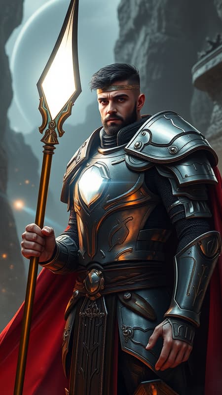 Sci-Fi, Futuristic Super-hero , Christian mystic, modern-day Knight/warrior. He lives in an ultra-futuristic society, but he can see dark forces that most people don't, and he has the power and might to fight against them! He can do everything a wizard does, but it's his faith in God that empowers him. He is invulnerable to most harm, and he carries a long golden glaive with a huge shining white gem. This gem shines with holy light and drives away shadows and demons, or destroy them if needed. It also has a sharp tip that he can use as a weapon like a spear.
Tall, strong, muscular, wide shouldered, broad backed, narrow waist, sinewy, hairy chest and legs. Caucasian male of Mediterranean descent, short curly black hair cut extremely short on the sides and back. He wears a thick silver circlet around his head. Strong brow and jaw, intense Hazel eyes. Full well-trimmed beard and mustache. Shiny silver pauldrons on shoulders, shiny silver armor- chestplate and abs, a white diamond Cross on the chestplate, a Star-of-Bethlahem in white crystal embedded within the Cross. He has glowing red glyphs on his armor. He is shirtless under his armor. Scarlet red pants with shiny silver thigh and shin guards on the legs, metallic silver boots to complete the armor. There are red glyphs on the boots. Long Scarlet wizard's cape with thick silver trim around the edges, Christian symbols of protection embedded within the silver trim. His arms are bare, but he does wear silver gloves with shiny red bracers on his arms. Full body pose, arm with glaive raised in defiance, hair under his arm visible and thick. Sci-Fi, Futuristic Super-hero , Christian mystic, modern-day Knight/warrior. He lives in an ultra-futuristic society, but he can see dark forces that most people don't, and he has the power and might to fight against them! He can do everything a wizard does, but it's his faith in God that empowers him. He is invulnerable to most harm, and he carries a long golden glaive with a huge shining white gem. This gem shines with holy light and drives away shadows and demons, or destroy them if needed. It also has a sharp tip that he can use as a weapon like a spear.
Tall, strong, muscular, wide shouldered, broad backed, narrow waist, sinewy, hairy chest and legs. Caucasian male of Mediterranean descent, short curly black hair cut extremely short on the sides and back. He wears a thick silver circlet around his head. Strong brow and jaw, intense Hazel eyes. Full well-trimmed beard and mustache. Shiny silver pauldrons on shoulders, shiny silver armor- chestplate and abs, a white diamond Cross on the chestplate, a Star-of-Bethlahem in white crystal embedded within the Cross. He has glowing red glyphs on his armor. He is shirtless under his armor. Scarlet red pants with shiny silver thigh and shin guards on the legs, metallic silver boots to complete the armor. There are red glyphs on the boots. Long Scarlet wizard's cape with thick silver trim around the edges, Christian symbols of protection embedded within the silver trim. His arms are bare, but he does wear silver gloves with shiny red bracers on his arms. Full body pose, arm with glaive raised in defiance, hair under his arm visible and thick.