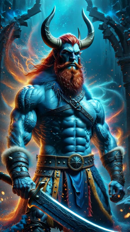 From the realm of faeries and fantasy. A handsome troll with pale blue skin like a Smurf. (((blue skin))) Warrior. He wields a giant Viking war axe. Tall, strong, big muscles, muscular, sinewy, broad chested, wide back, narrow waist, bodybuilder. Short fiery red hair, mullet with middle-parted bangs. White steer horns curved upwards from the front of his temples. Handsome masculine rugged face, Icy blue eyes, strong brow and jaw. Dark red beard, neatly trimmed with sideburns. Golden pauldrons trimmed with black on broad shoulders. Black leather bondage harness on his bare chest, dark blue tribal tattoos on his chest. Black leather bracers on strong arms. White fur loincloth covering his girth, exposing strong muscular legs, a golden Viking styled belt trimmed with black around his waist. Knee-high black leather boots with white fur tops. A Scarlet-red short cape with golden-yellow Viking designed trim around the edges. Full body pose, axe raised in warrior stance. {{MASTERPIECE}} From the realm of faeries and fantasy. A handsome troll with pale blue skin like a Smurf. (((blue skin))) Warrior. He wields a giant Viking war axe. Tall, strong, big muscles, muscular, sinewy, broad chested, wide back, narrow waist, bodybuilder. Short fiery red hair, mullet with middle-parted bangs. White steer horns curved upwards from the front of his temples. Handsome masculine rugged face, Icy blue eyes, strong brow and jaw. Dark red beard, neatly trimmed with sideburns. Golden pauldrons trimmed with black on broad shoulders. Black leather bondage harness on his bare chest, dark blue tribal tattoos on his chest. Black leather bracers on strong arms. White fur loincloth covering his girth, exposing strong muscular legs, a golden Viking styled belt trimmed with black around his waist. Knee-high black leather boots with white fur tops. A Scarlet-red short cape with golden-yellow Viking designed trim around the edges. Full body pose, axe raised in warrior stance. {{MASTERPIECE}}