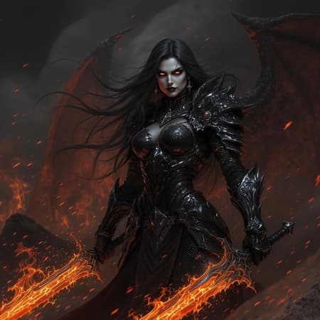 A highly detailed, realistic woman clad in ominous black armor, her human face strikingly detailed with a focus on lifelike features, boasts flowing long hair cascading over intricately designed dragon-themed armor. She wields a blazing fire sword, contrasting against the fire and ash background, creating a scene of epic tension and horror. The character stands in an epic pose, her expression painted with intensity and resonance. The entire composition is rendered in stunning 32k resolution, with a sharp focus on every intricate detail of her armor and face. The horror ambiance is enhanced by a rich, epic background, enveloping the scene in high-resolution drama.