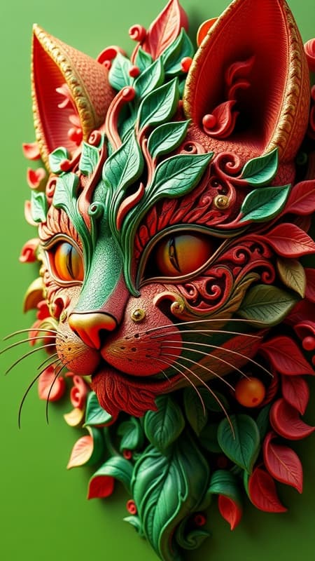 Intricate Colorful A stunningly intricate and vividly colorful decorative sculpture of a cat face rendered in exquisite detail, featuring a green mask intricately adorned with swirling leaves and delicate, fine flowing lines. This 3D artwork captures an abstract psychedelic essence, presented in breathtaking 8k quality, reminiscent of an Artstation masterpiece.