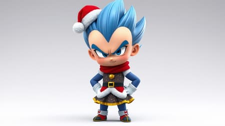 Vegeta wearing a festive Christmas dress, styled as a chibi character with exaggerated, cute proportions in a 3D rendering, featuring playful textures like sparkly fabric and a tiny Santa hat, while maintaining his iconic scowl and confident stance.