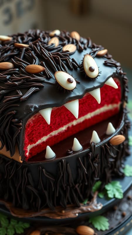 A monstrous cake, resembling one of the mischievous critters, with layers of dark chocolate and vibrant red velvet, its surface speckled with tufts of edible fur-like frosting, mischievous eyes crafted from glossy confectioner’s glaze, and sharp almond slivers resembling fangs, the entire creation sitting on a forest-decorated platter, as if summoned from the depths of a fantastical creature-infested forest.