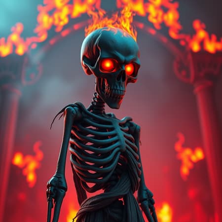 A high-quality 3D portrait rendering of a ghoul standing sentinel at the gates of Hell, featuring a blazing skull with intensely glowing red eyes. Its slender, towering form showcases an intricately detailed skeleton wrapped in tattered rags. Dramatic flames and fire engulf the background, creating a dark fantasy horror ambiance with vivid red, cinematic lighting. The atmosphere captures an artful balance of soft-focus with a shallow depth of field, amplifying the ominous scene for a striking visual effect.