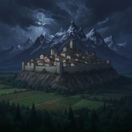 A professional, stylish illustration of a walled fantasy city sitting on a mountain plateau surrounded by farmland and forest below. In the background there are tall mountain peaks capped by snow. The scene is at night, with heavy storm clouds in the sky. The city houses are made of stone and plastered walls with low angled roofs.