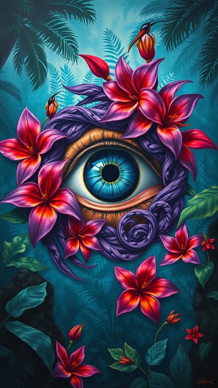 A surreal painting featuring a large, expressive eye encircled by swirling purple and orange tropical flowers, set amidst a mysterious jungle landscape. The artwork echoes the intricate style of James Jean and the striking imagery reminiscent of Martin Ansin. Enriched with influences from Papua New Guinea art, the scene bursts with vibrant light blue and red hues. The composition, in ultra-high definition with a 32k resolution, invites viewers into a world where nature and mystique intertwine, presented as an alluring poster with a distinctive aspect ratio of 37:61, capturing the imagination with an artful mystery.