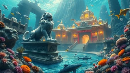 Beneath the boundless ocean, nestled on a submerged mountain, lies the majestic palace of the underwater realm, where a colossal stone lion stands sentinel, embodying the king's grandeur. The palace's interior is an exquisite marvel, with dragon pillars intricately carved with mythical sea creatures, seemingly attuned to the palace's whispers. Every corner emanates a unique ambiance: a serene river meanders quietly, complemented by a tranquil garden whose lights sparkle like a sea of stars. Schools of fish dance gracefully, while vibrant corals and shells, akin to masterpieces, embellish the entire palace. This enchanting realm feels like a voyage into a fantastical kingdom, teeming with diverse marine life including fish, sharks, turtles, and whimsical bubbles that rise silently.
