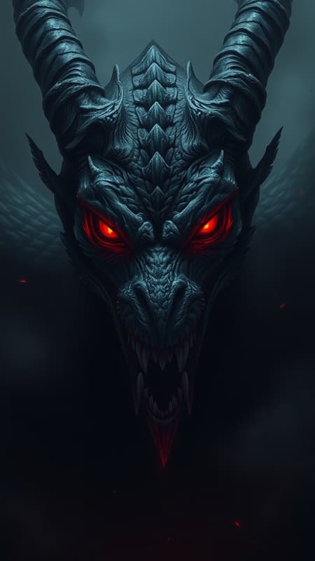 A dark and ominous illustration of a menacing demon with piercing red eyes, capturing the style of Jessica Rossier. The composition skillfully uses negative space and incorporates Brandon Woelfel's moody lighting, blending dark gray and red hues. Inspired by dragon art, the demon embodies a sense of mystique with intricate scaly textures and subtle dragon-like features. A hazy atmosphere enhances the ethereal feel, enveloping the scene in a haunting mist, with a striking balance of shadow and light creating depth and an eerie allure.