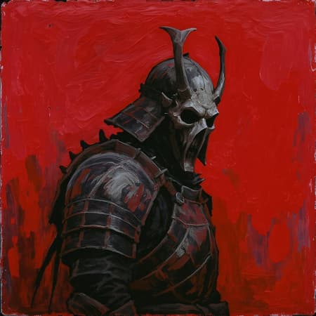 A shadowy, ominous figure stands against a vibrant crimson background, clad in armor that hints at a fusion of samurai and medieval knight style, with segmented plates visible on the shoulder and upper arm. The most striking feature is the eerie mask, adorned with small horns or spikes and hollow eye sockets, evoking an unsettling, otherworldly presence. The mask and armor are crafted in deep grays and blacks, creating a stark contrast against the rich red backdrop. The overall impression is one of menacing mystery. The painting, possibly executed in acrylic or gouache on paper or board, showcases visible brushstrokes and textured paint application, particularly noticeable in the red background. The dramatic lighting and close-cropped composition emphasize the figure's upper body, enhancing its formidable presence.