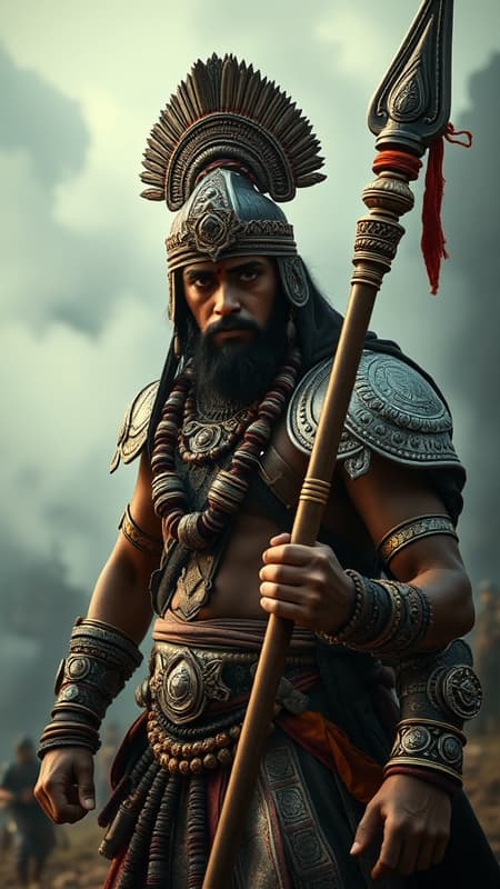Indian male warrior from Mahabharatha, in ornate ethnic armor, holding a spear on a misty battlefield, intense dramatic lighting, hyperrealism, photorealistic, cinematic feeling, 8k detail quality, and an aspect ratio of 9:16, evoking a sense of ancient epic grandeur.
