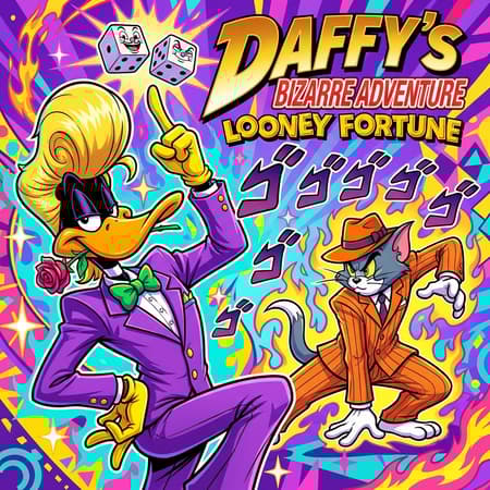 A vibrant anime-style comic book cover, featuring Daffy Duck and Tom Cat in "JoJo's Bizarre Adventure" poses. Daffy Duck on the left, wearing a purple suit, green bow tie, and a rose in his mouth, with a large blonde pompadour and yellow gloves, pointing upwards. Tom Cat on the right, in an orange pinstripe suit and fedora, striking a dramatic pose. Two floating dice with cartoon characters on them are above Daffy's hand. The background is a psychedelic swirl of purple, yellow, pink, and turquoise geometric shapes and flame-like aura, with Japanese sound effects "ゴゴゴゴ" (gogogogo) in purple. The title "DAFFY'S BIZARRE ADVENTURE LOONEY FORTUNE" is prominently displayed in bold, stylized lettering. Dynamic lighting, high contrast, vivid colors, and a maximalist, energetic atmosphere.