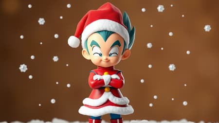 Chibi Vegeta wearing a festive Christmas dress with a Santa hat, standing proudly with arms crossed, a playful smirk on his face, and surrounded by tiny floating snowflakes in a whimsical 3D scene.
