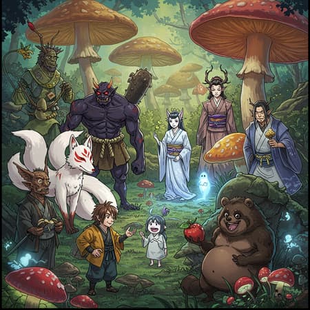 An HD 2K manga-style illustration featuring an ensemble cast of fantastical characters, each meticulously detailed to reflect their distinct personalities and mythological origins, set against the enchanting backdrop of a vibrant, otherworldly funji world. In the foreground, a charismatic Kitsune with shimmering tails and a playful glint in its eyes exchanges a knowing glance with a sly Nekomata, its twin tails flicking mischievously. Nearby, a regal Tengu with a stern expression stands poised, his wings spread majestically. A fierce Oni with glowing eyes and a toothy grin clutches a massive club, while a jovial Tanuki, with a belly full of laughter, adds an air of mischievous energy to the scene. The elegant Yuki-Onna, enveloped in a snowy aura, casts a serene gaze upon the viewer, her flowing garments mingling with ethereal frost. Nearby, a captivating Jorogumo, with her intricate spider markings, spins delicate webs woven from moonlight. Yama-Oroshi, with his wild, untamed hair and a look of eternal curiosity, examines a mythical fruit. Kijimuna, a playful red-headed spirit, peeks playfully from behind a mushroom. All around them, the mystical funji landscape buzzes with life—lush, oversized mushrooms in a kaleidoscope of colors, fantastical plants that glow softly, and ethereal wisps of light drifting gently. This tapestry of characters and setting blends seamlessly, inviting the viewer into a world of folklore and imagination.