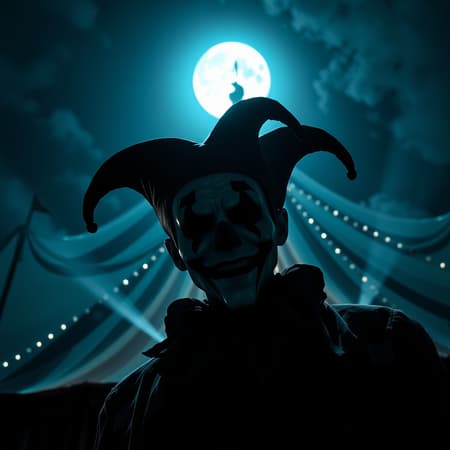 An ominous jester looms menacingly beneath the moonlit sky, the circus tent towering ominously in the background. The scene captures the chilling allure of the night, rendered in high-resolution with the precision of professional photography. The angle is cinematic, capturing the intensity of the moment, as dynamic beams of light cast haunting shadows around the sinister figure. The clown's painted face is a grotesque mask, partially illuminated by the eerie glow, adding an unsettling depth to this nightmarish tableau. An ominous jester looms menacingly beneath the moonlit sky, the circus tent towering ominously in the background. The scene captures the chilling allure of the night, rendered in high-resolution with the precision of professional photography. The angle is cinematic, capturing the intensity of the moment, as dynamic beams of light cast haunting shadows around the sinister figure. The clown's painted face is a grotesque mask, partially illuminated by the eerie glow, adding an unsettling depth to this nightmarish tableau.
