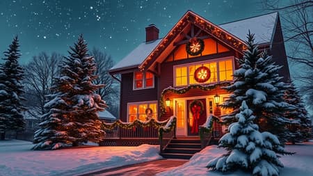 A picturesque winter wonderland scene features a beautifully decorated house adorned with twinkling Christmas lights and colorful ornaments, nestled amidst a blanket of freshly fallen snow under a starlit sky. The windows glow warmly with amber light, hinting at the cozy holiday festivities inside. Garland-wrapped railings and a wreath-laden front door welcome visitors, as pine trees dusted with snowflakes stand guard. The entire setting exudes a magical, cinematic atmosphere in HD quality, capturing the essence of a perfect holiday evening.