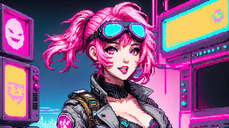 (swat man), (pixel art), detailed, torso, gloves, mask, goggles, action pose, trench coat, pink, surreal, strange, (full body sexy gamer girl with pink hair photo), vaporwave neon theme, woman, portrait, smile, laugh, open mouth, (upper body, bust shot, looking away:1.1), neon hair
