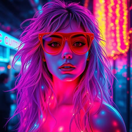 A futuristic retro vaporwave scene features a full-body bio-luminescent woman with an entrancing presence, gazing directly at the viewer. Her long, messy wavy hair flows around her, vibrant with neon hues of crimson, amber, cyan, and purple, exuding an atmospheric and vibrant energy. She wears striking red sunglasses that capture the neon glow surrounding her, reflecting the densely packed lights that mimic the contours and features of her form. This bio-luminescent, translucent figure creates a surreal, hallucinatory effect, intricately detailed and a masterpiece of hyper-realistic design. The cinematic setting is alive with chaotic and energetic elements, filled with colorful light particles and fairy lights that enhance her striking appearance and charm. The modern, futuristic environment is grand and imbued with volumetric lighting, giving the entire composition a lens glow lighting effect. Her expressive, hypnotic eyes and soft, delicate facial features evoke admiration and welcome. This high-resolution, ultra-realistic scene embodies a neo-vintage comic, psychedelic urban aesthetic, perfect for a t-shirt or poster, blending cyberpunk allure with a vividly chaotic beauty.
