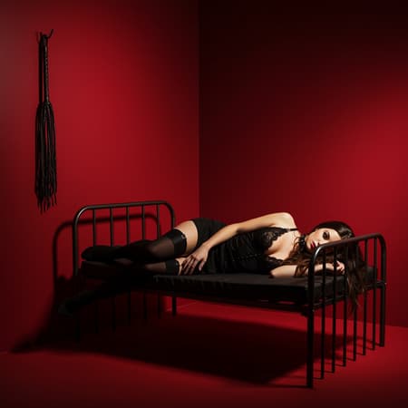 A woman reclines on a bed, the bed enclosed within a cage, set in a crimson room; a whip hangs menacingly on the wall, casting long shadows.