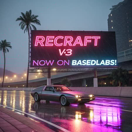 Cinematic film still: 'Recraft v3 Now on BasedLabs!' blazes across a massive digital billboard above a classic 1980s sports car speeding around a neon-lit curve. The text pulses with synthwave colors, reflecting off the car's wet chrome hood. Low-angle shot captures both the sleek vehicle and the glowing text, while palm trees line the highway like fluorescent sentinels. The billboard's light casts pink and purple reflections onto the rain-slicked asphalt. Background features a retro-futuristic sunset with classic horizontal synthwave lines. The text integration feels natural to the 80s aesthetic, as if it's a period-authentic advertisement from an alternate retro-future. 8K resolution, dramatic lighting, extreme detail, vaporwave atmosphere.