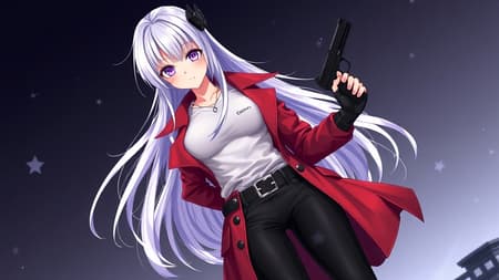 Full body digital art of an anime female character in a fantasy setting, featuring a high-quality, high-resolution design. She has long, flowing white hair and striking clear purple eyes that enhance her clear face. Wearing a red trench coat draped over a white shirt, she pairs it with black pants, stylish black boots, and a matching black belt. The character holds a pistol confidently in her right hand, emanating a perfect balance of allure and power. Her face is adorned with perfect eyes, red lips, and a seductive expression that adds to her charm. The character embodies a captivating presence, with small imaginative details, while maintaining a cohesive and enchanting appeal.