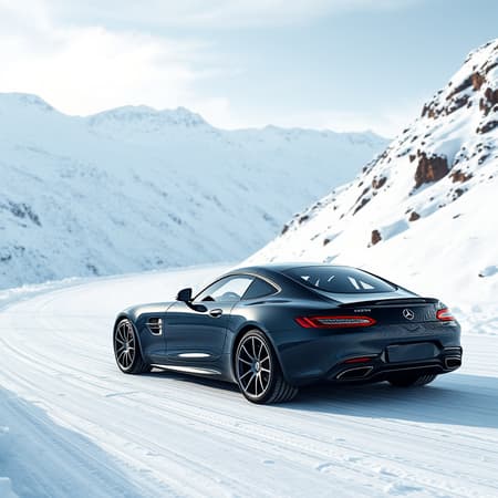 A sleek, hyper-realistic luxury black Mercedes sports car glides effortlessly down a pristine, snow-covered mountain highway. The car's glossy exterior reflects the glistening snowflakes as they dance in the crisp air, while its precision-engineered wheels cut smoothly through the icy terrain. The dramatic winter scenery casts a majestic backdrop, highlighting the contrast between the car's powerful elegance and the serene, white landscape.