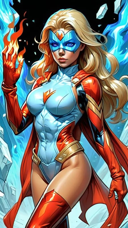 Super-hero, fire and ice,  controller of 2 elements. Tall, athletic, statuesque feminine Caucasian female. Icy blue eyes. Medium length golden blonde hair, volumous with side-parted fluffy bangs. She wears an icy silvery-white super-hero mask over her eyes. 

Form-fitting body suit, sleeveless fiery-red top with silvery-white trim around the arm holes and a high collar, trim is shaped like flames. Diamond shaped cut-out in cleaveage area. Boots are high heeled and also fiery-red,  knee high and tops of boots are also flame shaped. Silver chrome v-shaped belt around her waist, a sheer gossamer silvery white skirt with pieces shaped like icicles composing the shape of the shirt, icy blue crystalline Sheen on some if it. Icy blue long sleeved gloves with same crystalline sheen. She can create flames in one hand, ice in the other. She is a master of both elements, and her moods run hot and cold. Full body pose, flying through the air on wind currents. 